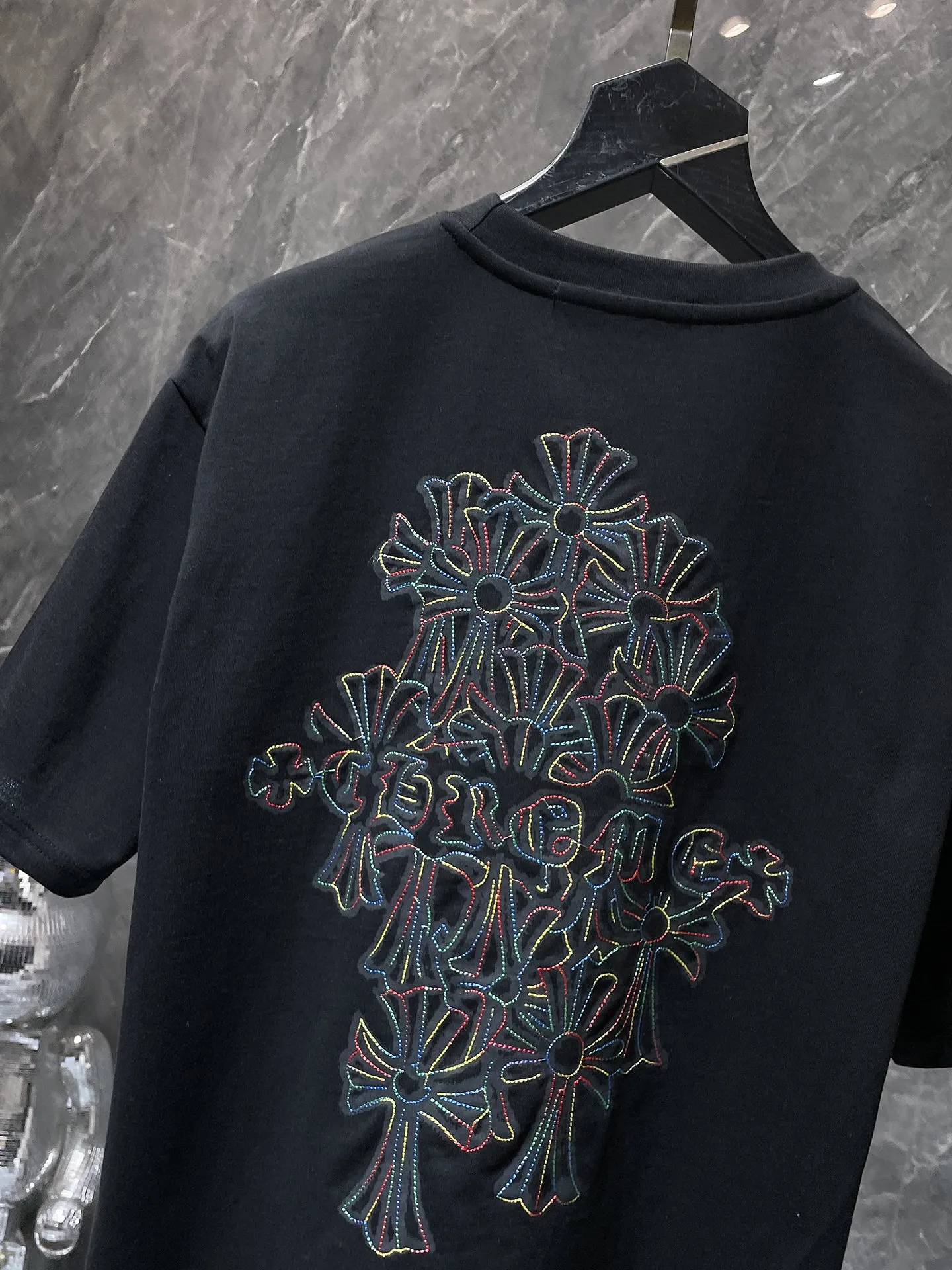 P150 new Chrome Hearts 25ss high version for summer! High-weight, environmentally friendly and high-quality top-quality fabric 275g~270g Crow overlapping color cross Sanskrit embroidered short sleeves. Counter synchronization. 1:1 replica version. Recommended colors: white, black